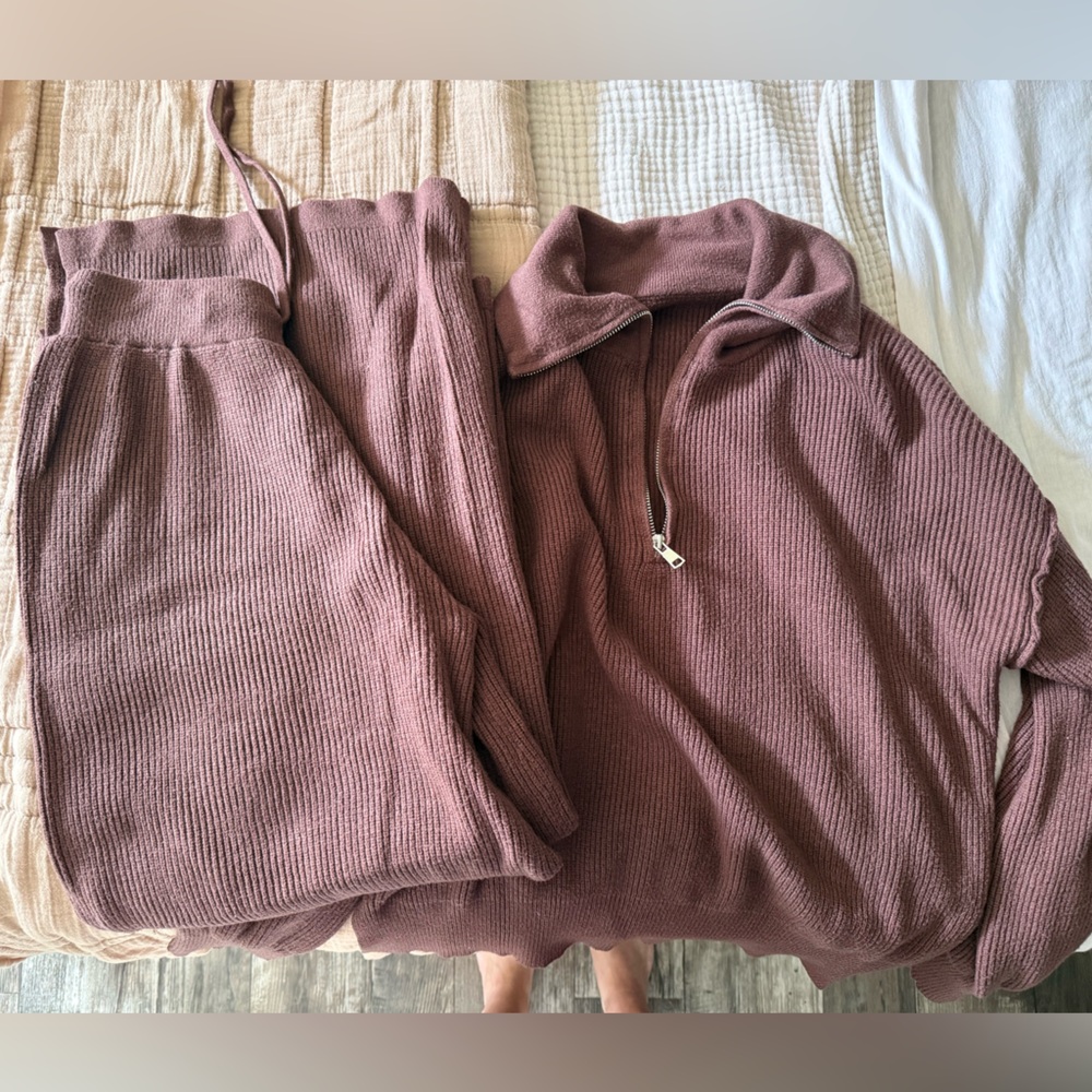 Half-Zip Knit Sweater Set in Brown